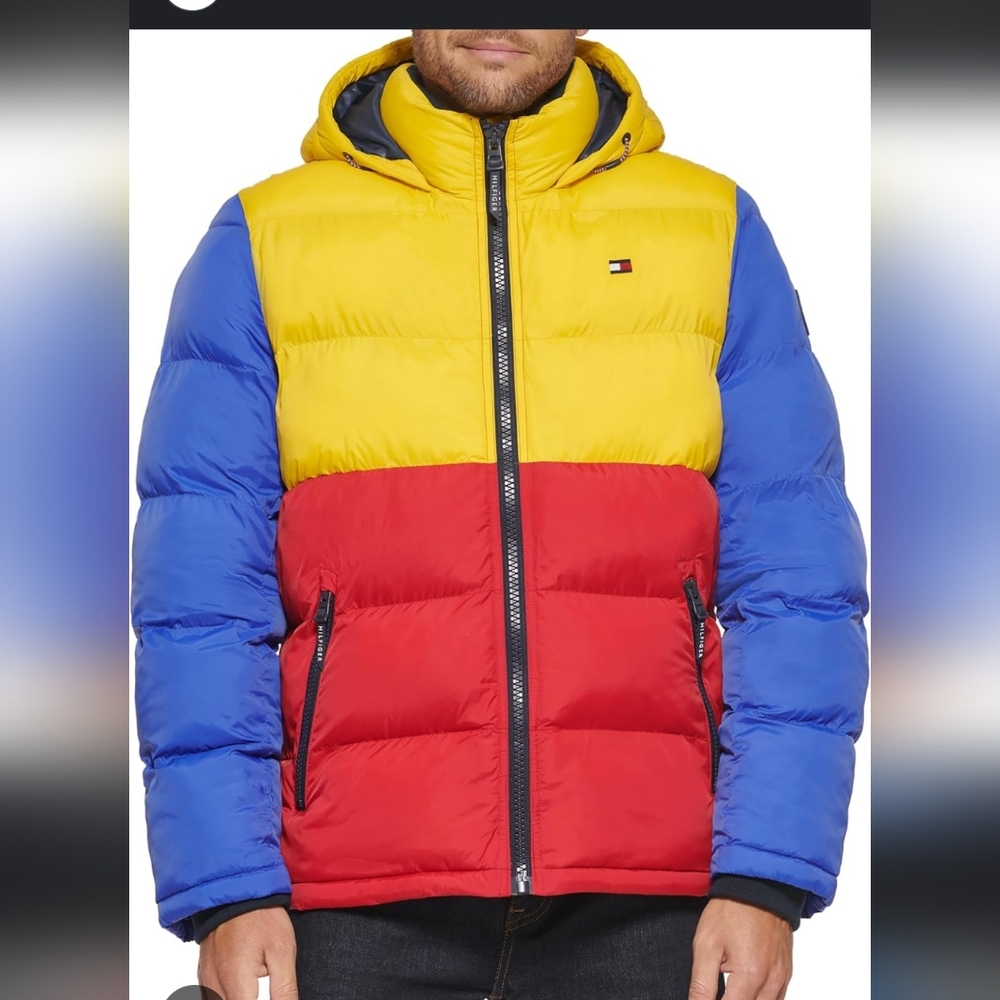 Tommy Hilfiger Red and Blue Puffer Jacket Quilted Winter Essential
